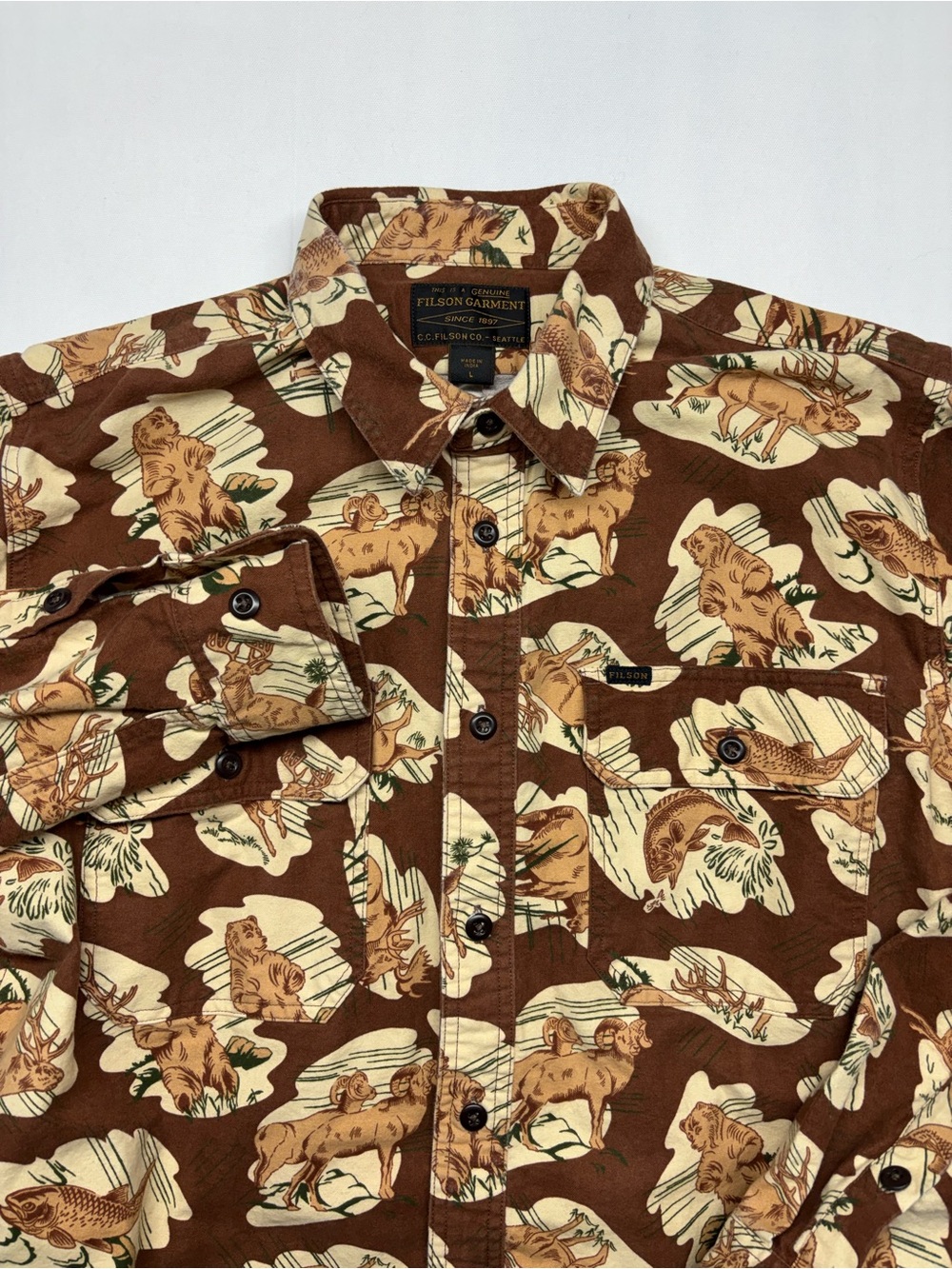 Filson Men's Scout Shirt Brown Vintage Wildlife Animal Print Cotton Flannel L